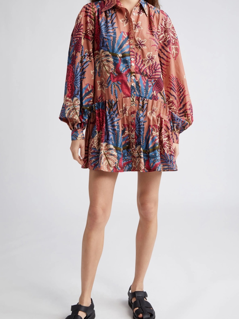 FARM Rio Beaded Forest Long Sleeve Cotton Minidress in Pink - Picture 6 of 9